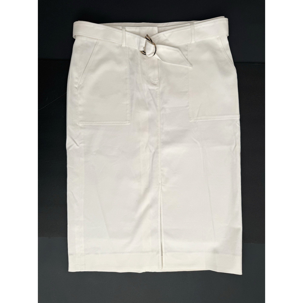 Per Se Straight Midi Skirt 8 White Cotton Stretch Belt Pockets Slit Summer Chic